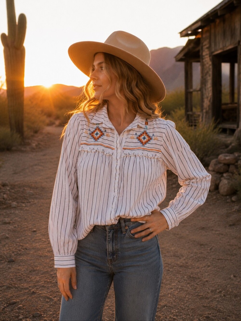 Savannah Jane Embroidered Aztec Buffalo Button Up Balloon Sleeve Blouse